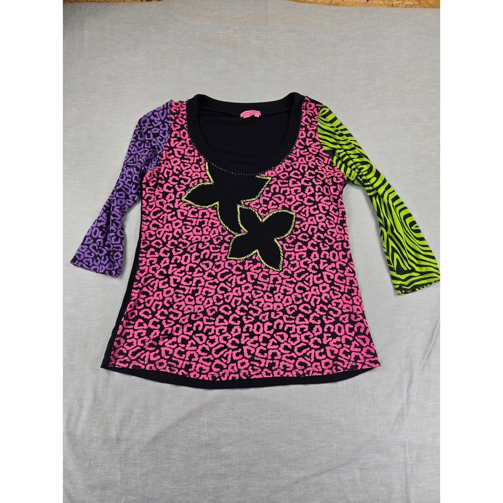 Joyous & Free Womens XL Mixed Media Animal Print Floral Neon Graphic Top Pink